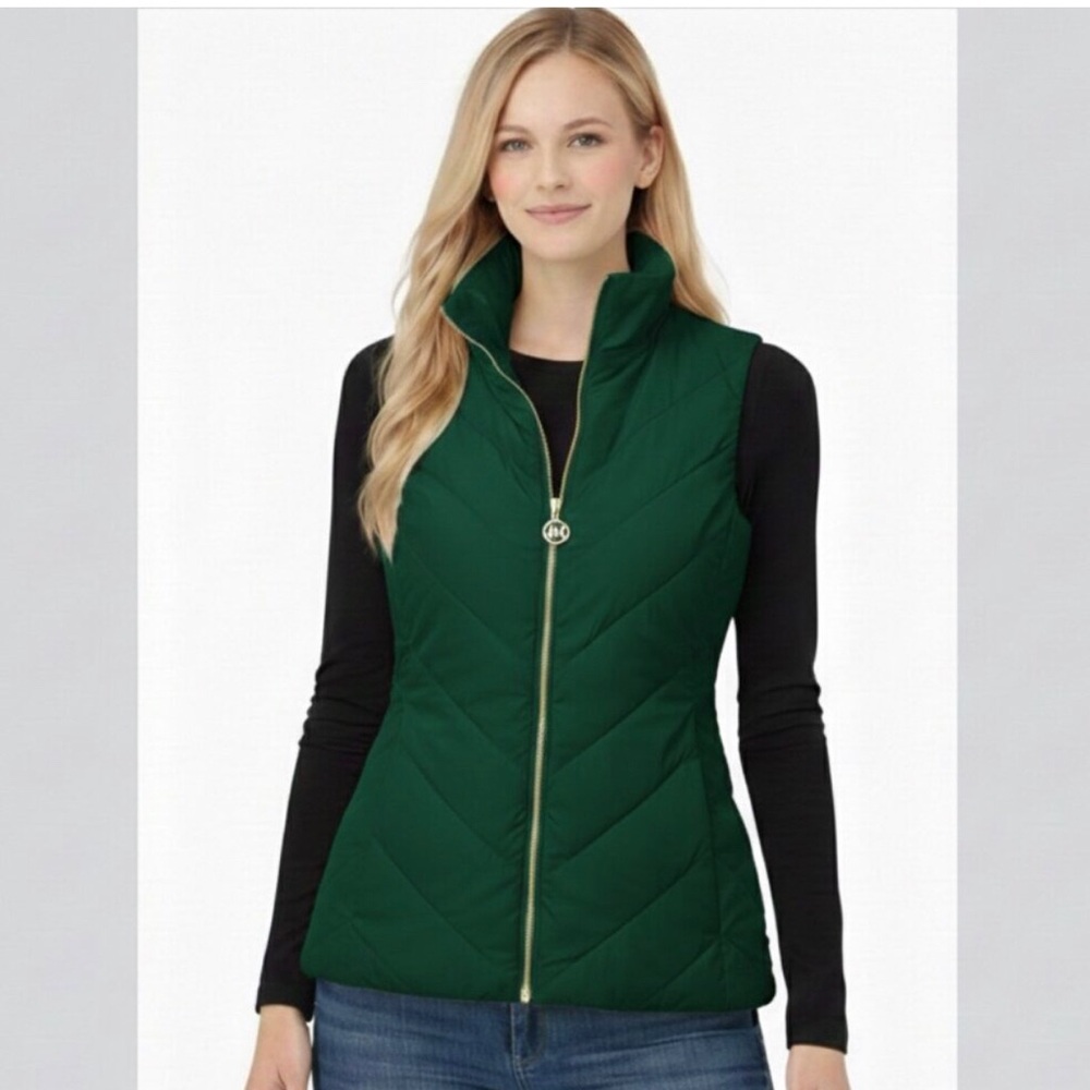 NWT Michael wQuilted Forest Green Puffer Vest with Gold Zip Size M